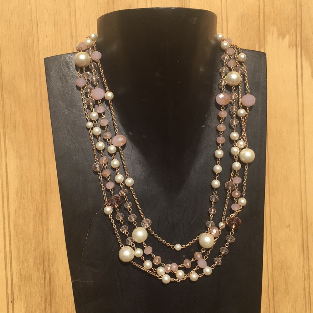 Gold multi Chain necklace beaded pink white NEW